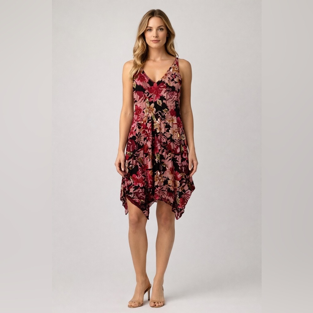 Venus Floral Burnout Velvet Dress S Stretch Asymmetrical Hem Made USA Lined